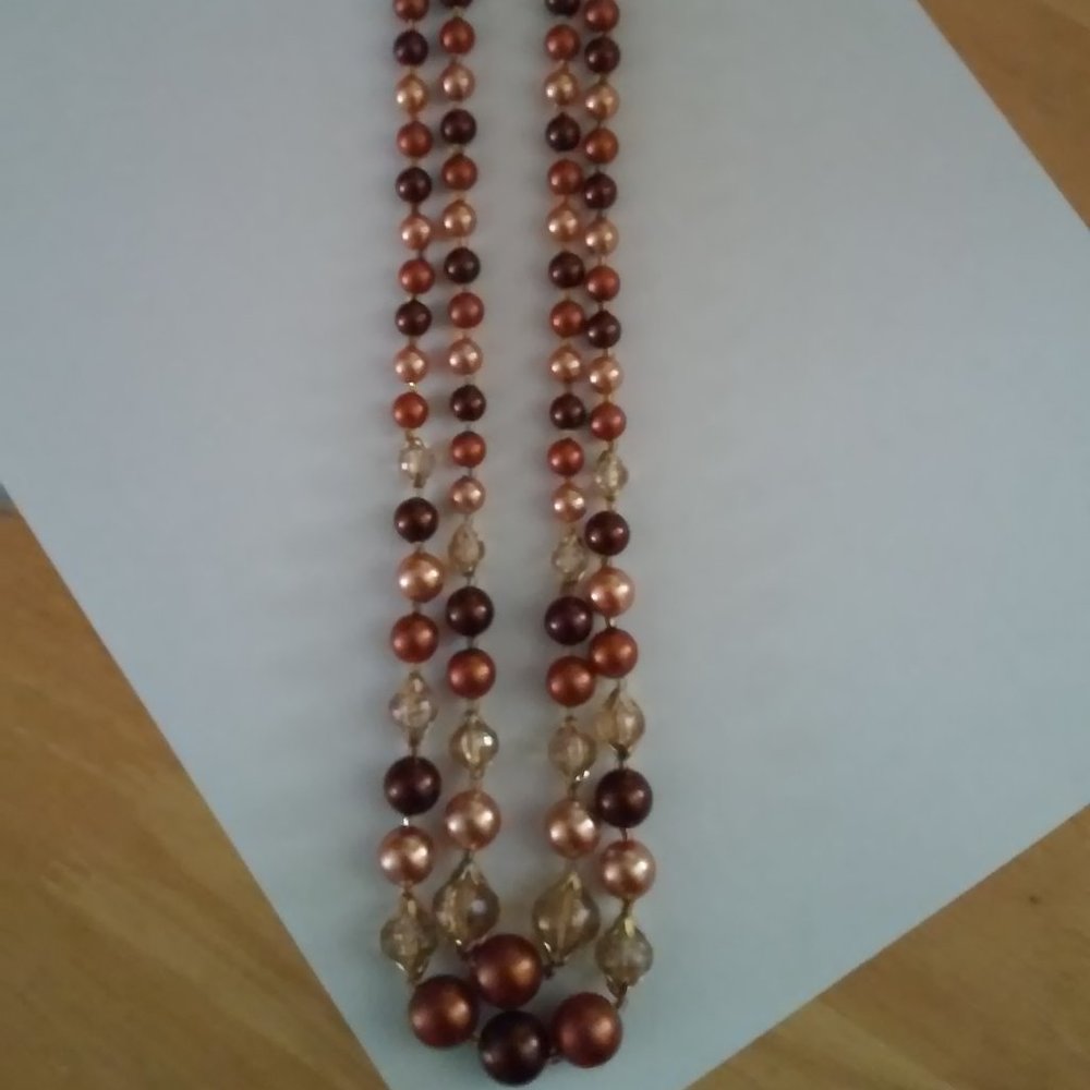 Double Stand Bead Necklace Unworn 23" Long Unlatched 3 Shades of Brown with Gold